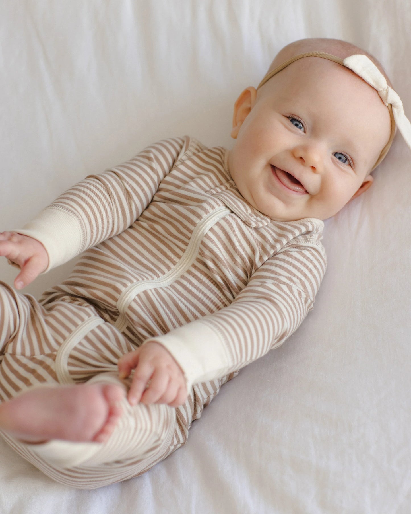 Zip Long Sleeve Romper- Almond Stripe