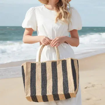 Raffia Square Tote with Vertical Navy Stripes