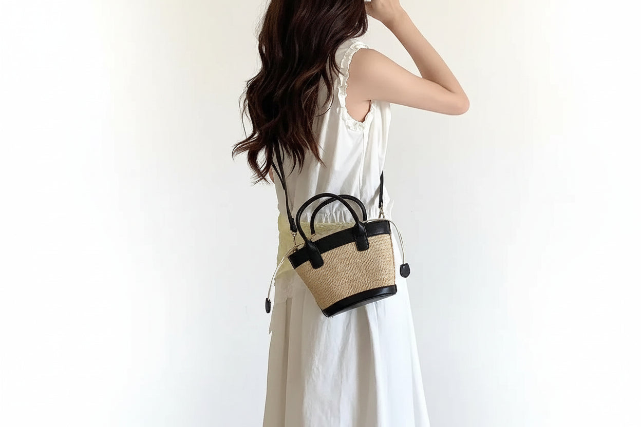 Mini Raffia Crossbody Bag - Black