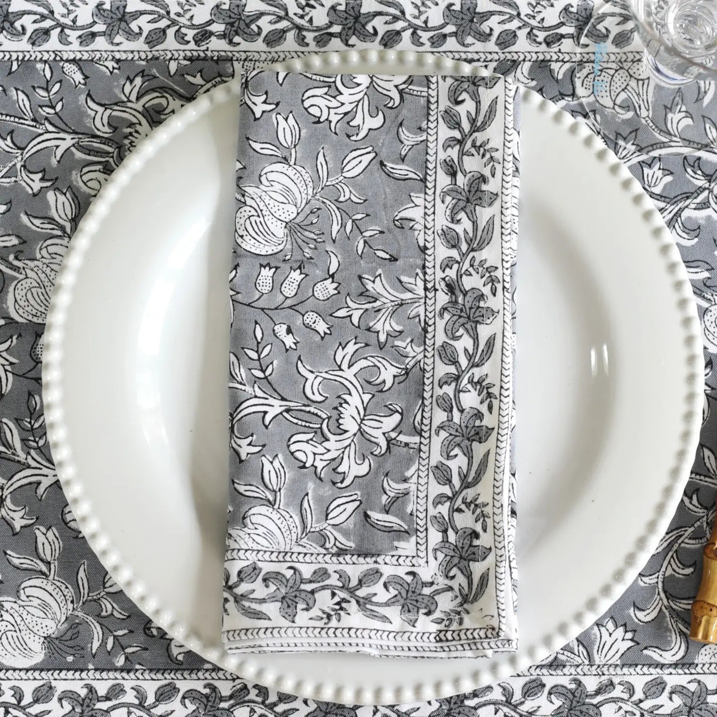 Floral Slate Block-Printed Napkins - Set of 4