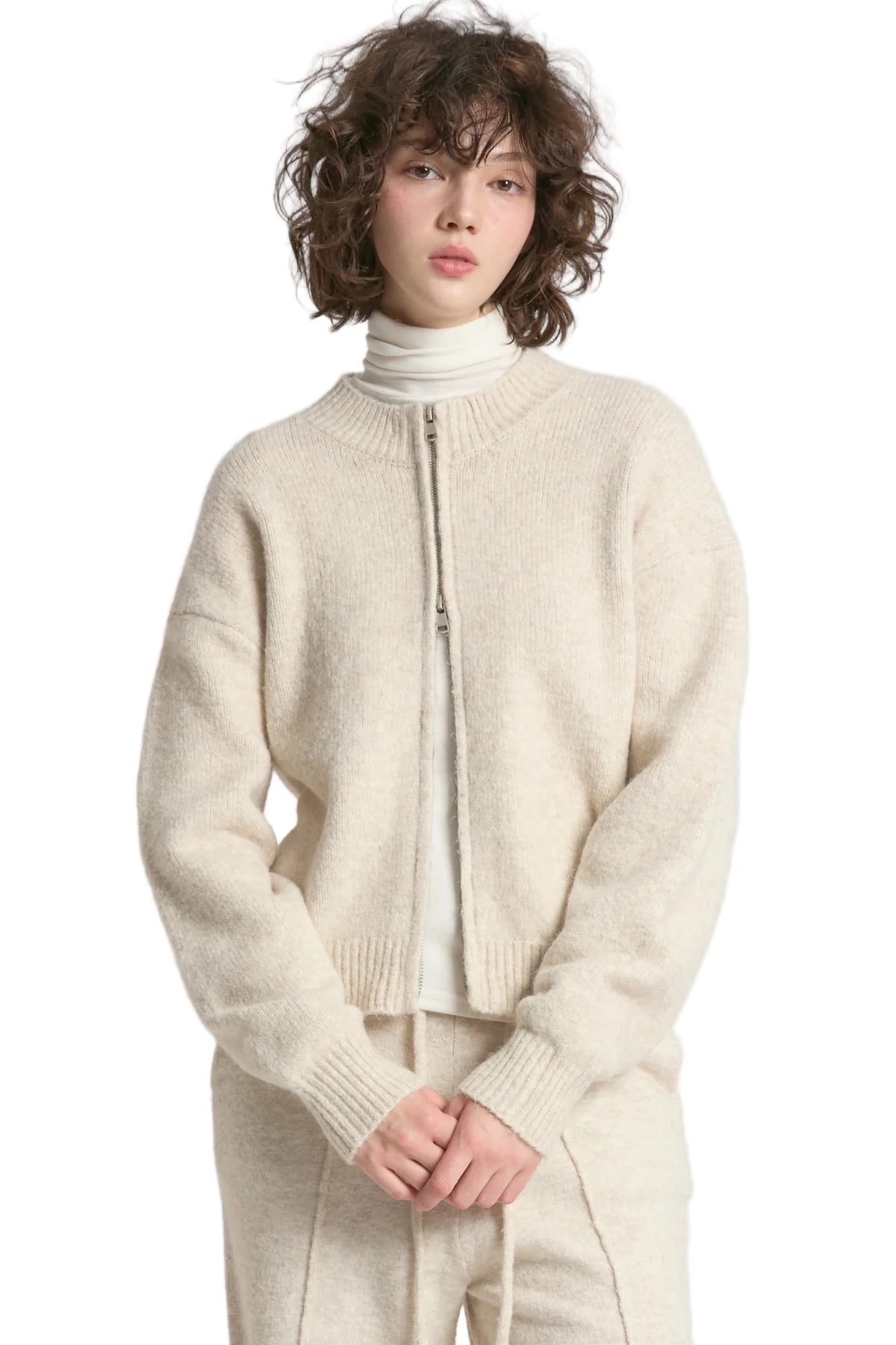 Crop Zip-Up Cardigan- Beige
