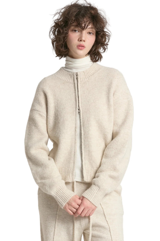 Crop Zip-Up Cardigan- Beige