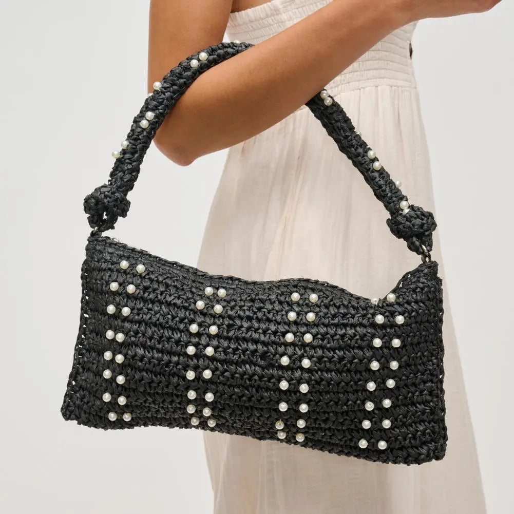 Black Straw Bag with Pearls