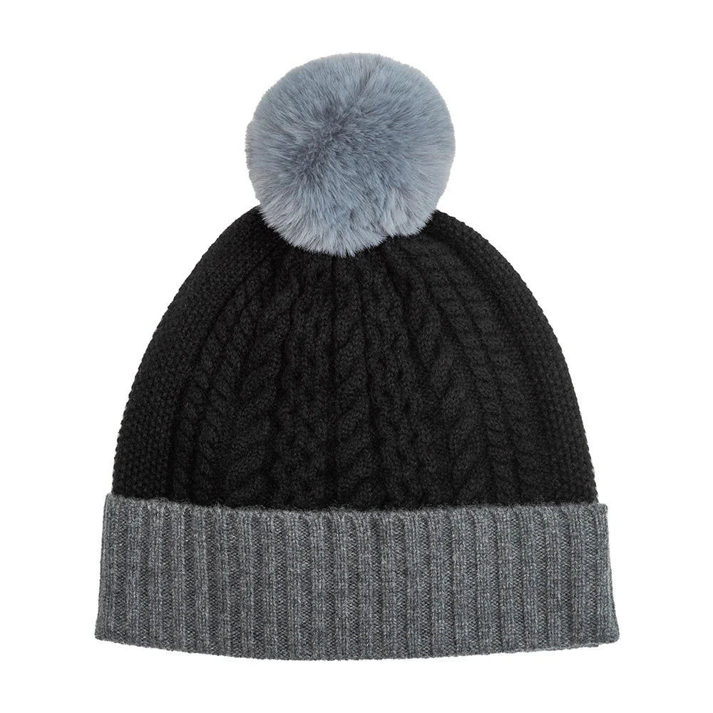 Color Block Pom Beanie- Black