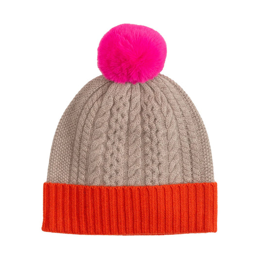 Color Block Pom Beanie- Pebble