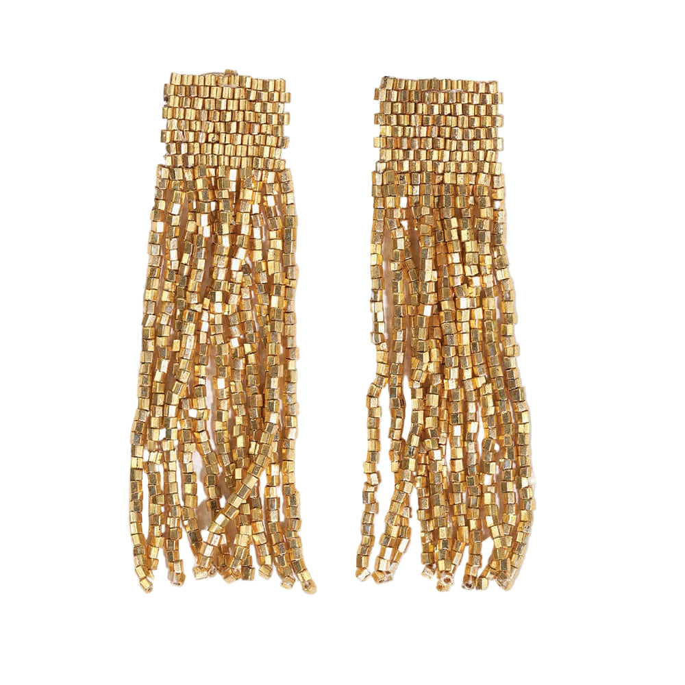Gold Square Post Beaded Fringe Earrings