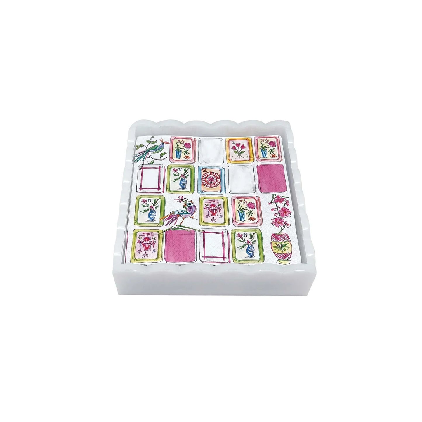 Mahjong White Scalloped Cocktail Napkin Box