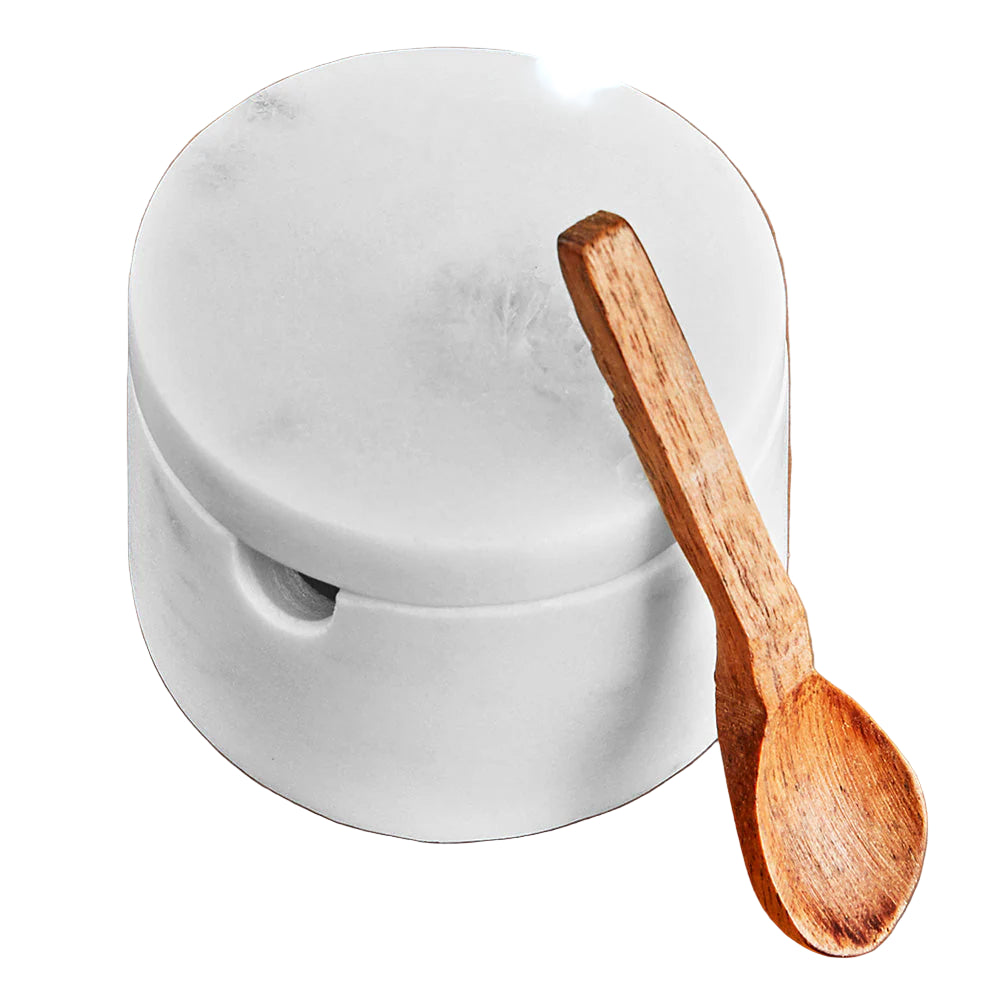 White Marble Lidded Cellar with Wood Spoon