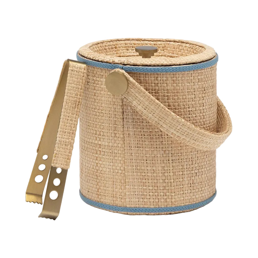 Raffia and Leather Ice Bucket Set
