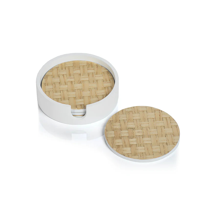 Woven Coasters with Holder – White