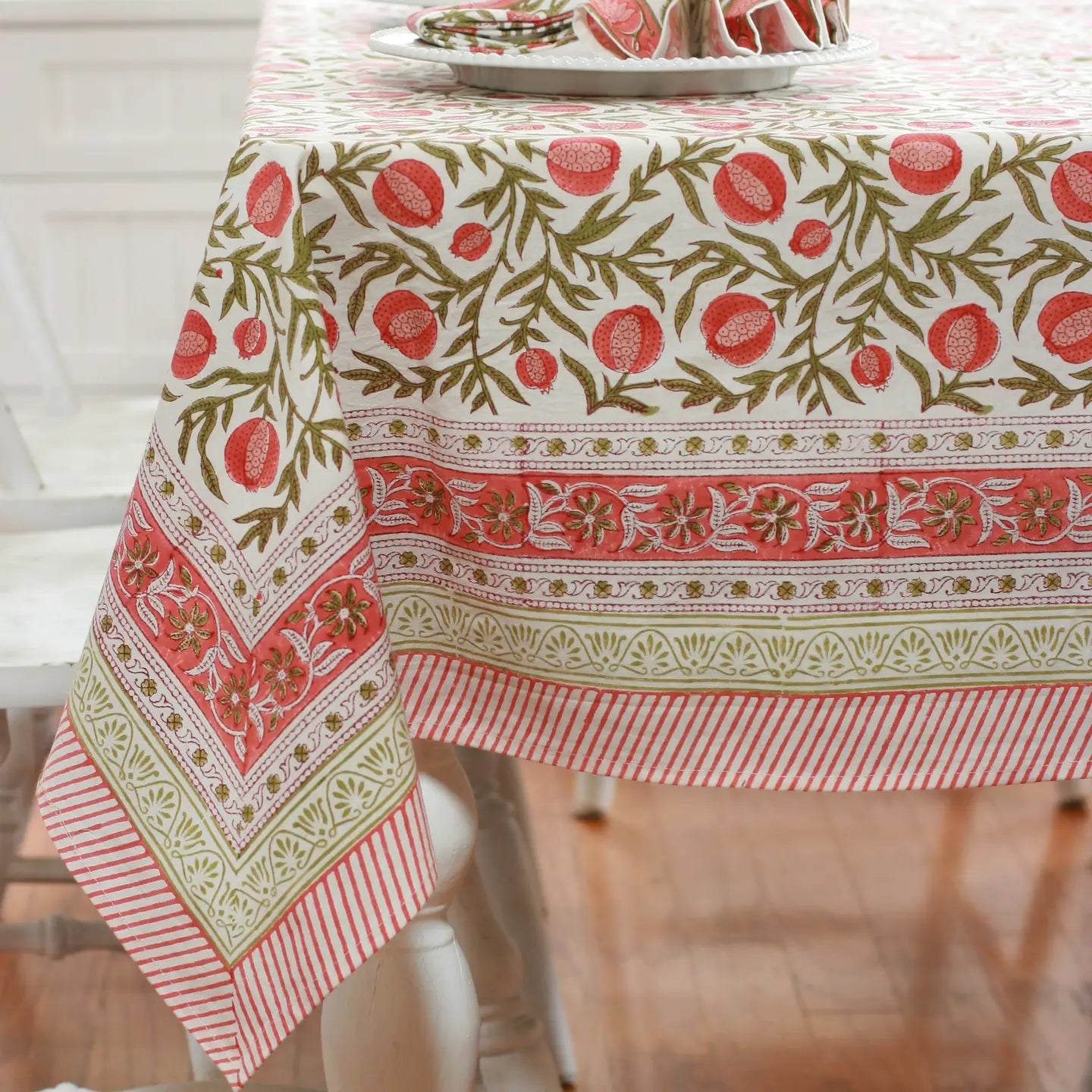 Red Pomegranate Block Printed Tablecloth