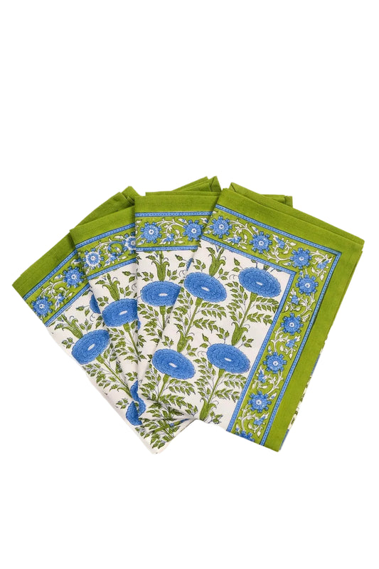 Blue Floral Block Printed Napkins- Set of 4
