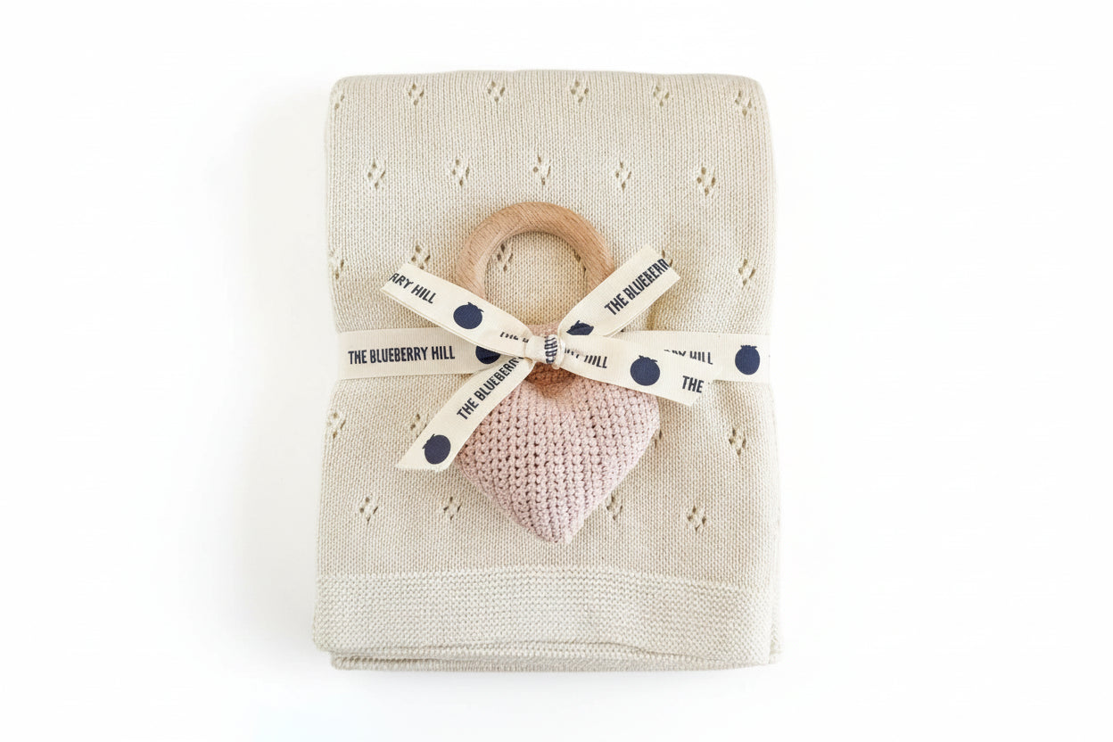 Pique Blanket in Cream with Heart Rattle