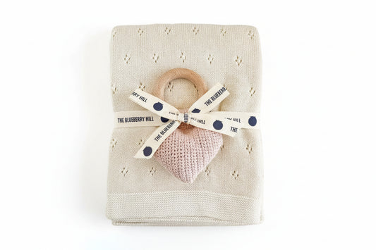 Pique Blanket in Cream with Heart Rattle