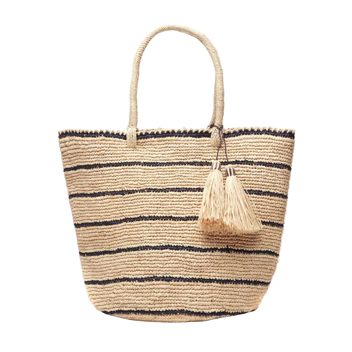 Raffia Tote with Slim Navy Stripes