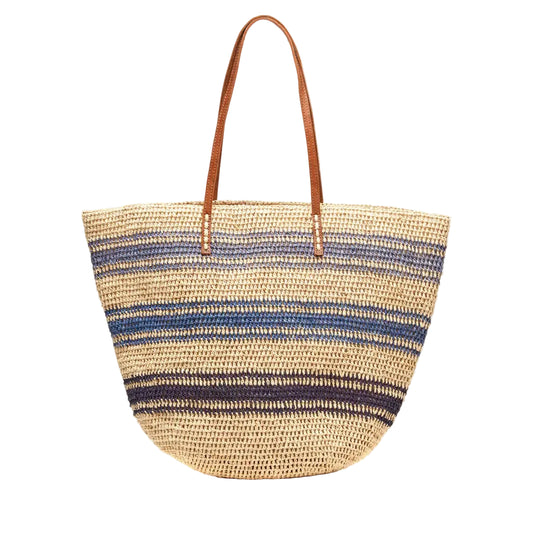 Raffia Tote with Blue Gradient Stripes