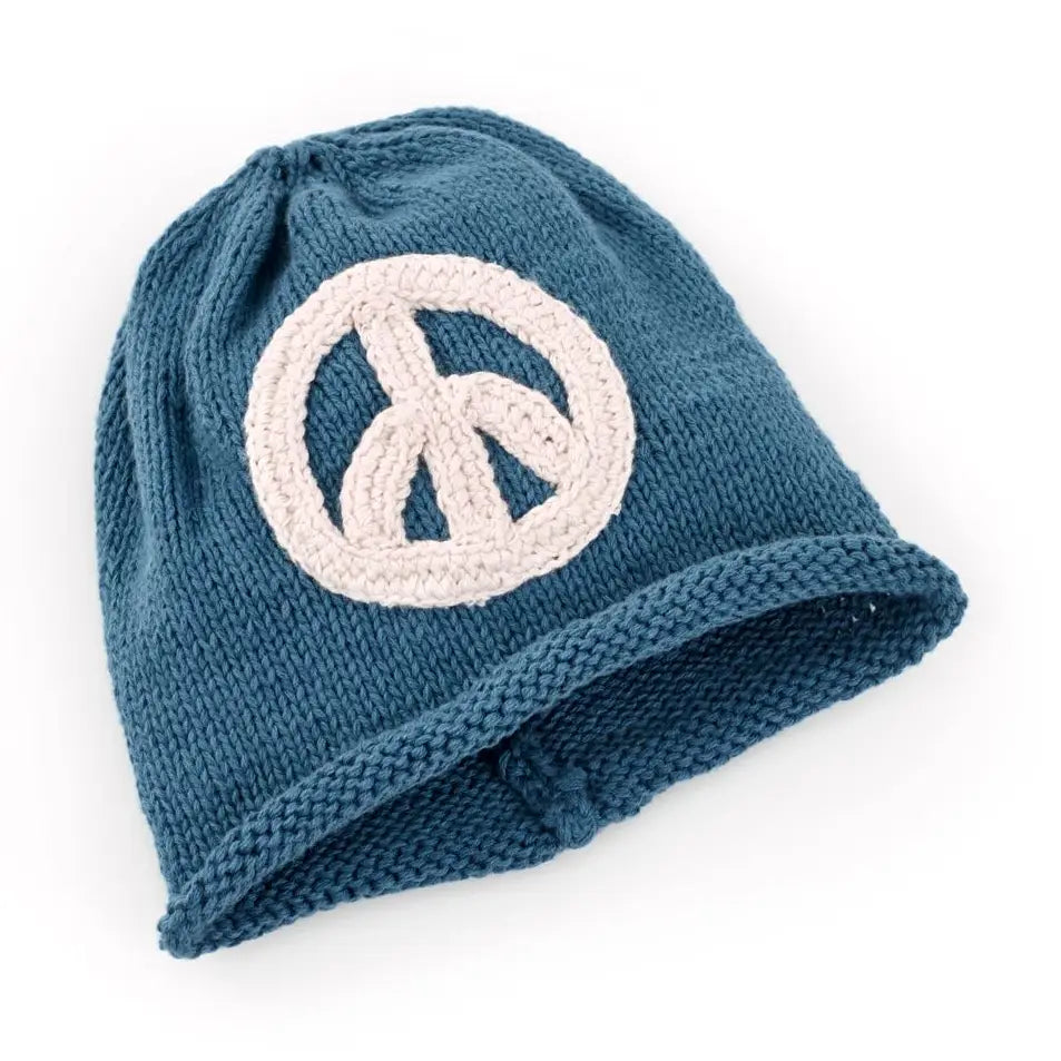 Knit Hat with Crochet Peace Sign- Blue