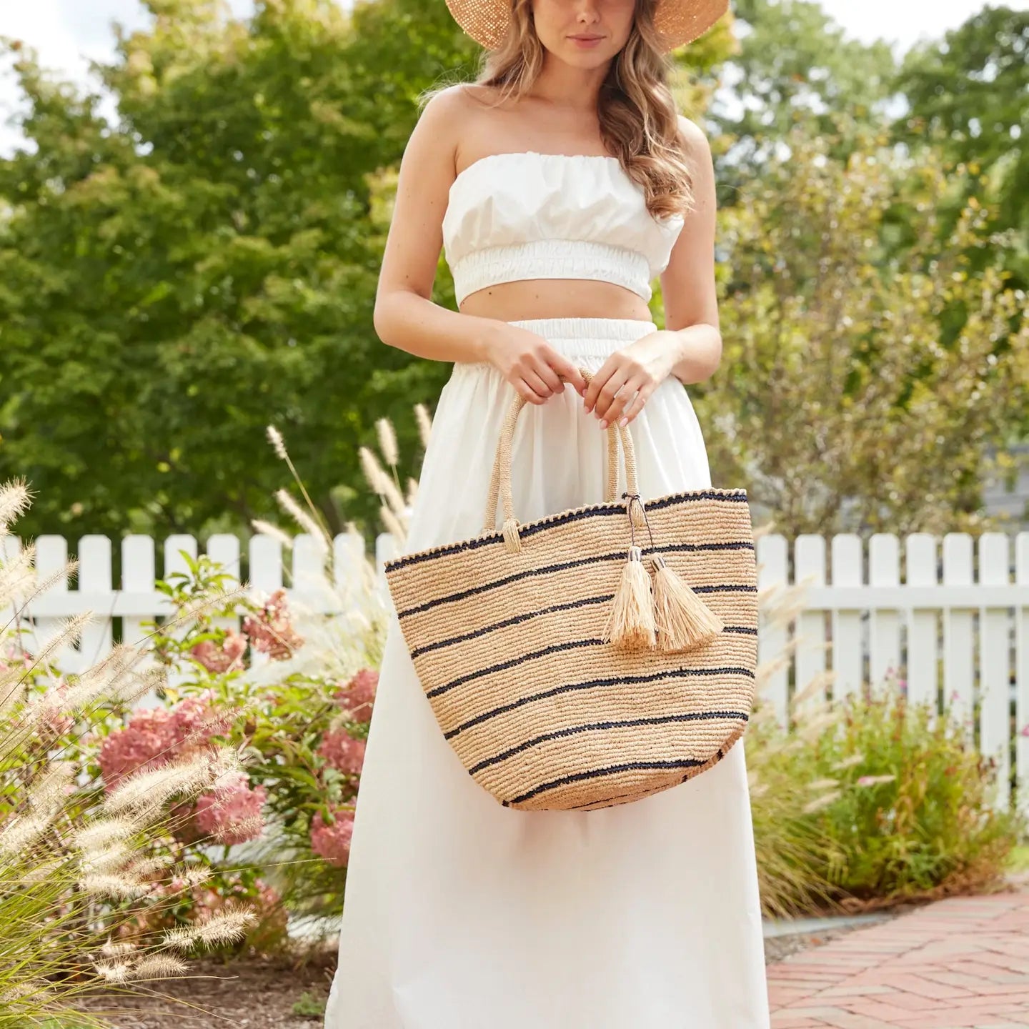 Raffia Tote with Slim Navy Stripes