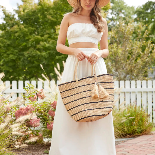 Raffia Tote with Slim Navy Stripes
