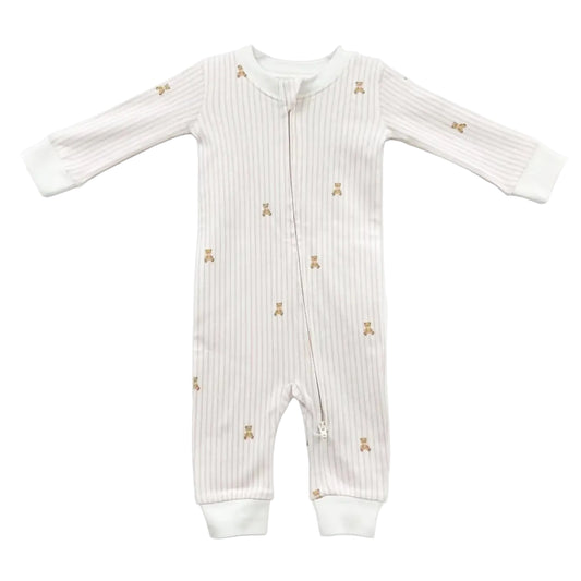 Organic Cotton Long Sleeve Zipper Romper - Pink Teddy Bear