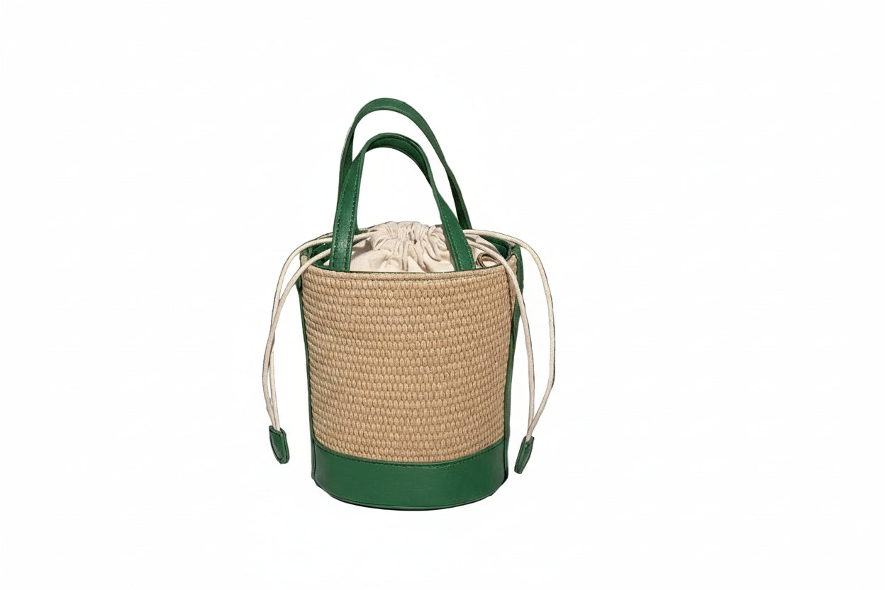 Raffia Crossbody Bucket Bag- Green