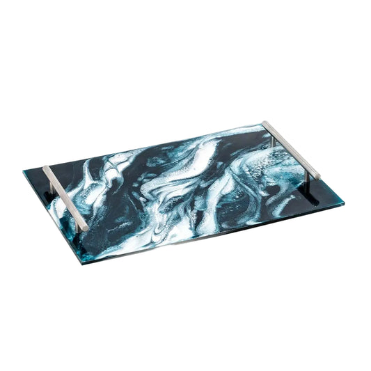 Resin Serving Tray with Handles - Navy and White