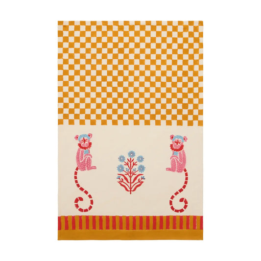 Mustard and Pink Monkey Tea Towel- Set of 2