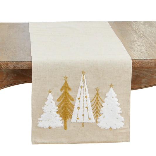 Embroidered Christmas Trees Runner- Gold