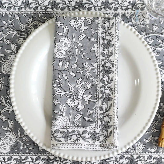 Floral Slate Block-Printed Napkins - Set of 4