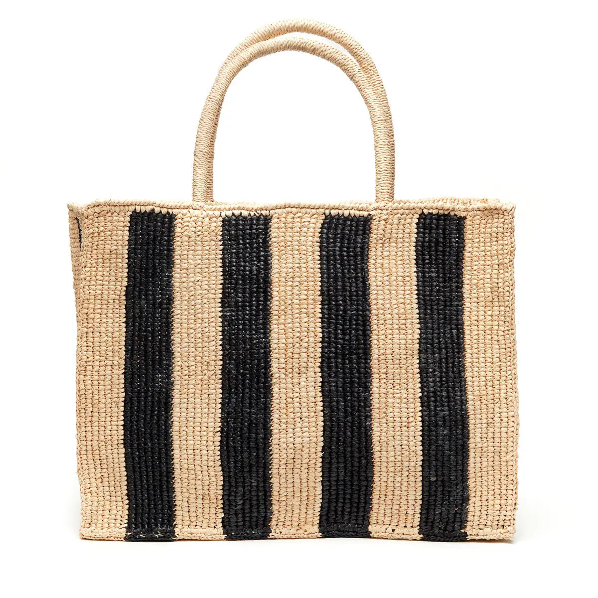 Raffia Square Tote with Vertical Navy Stripes