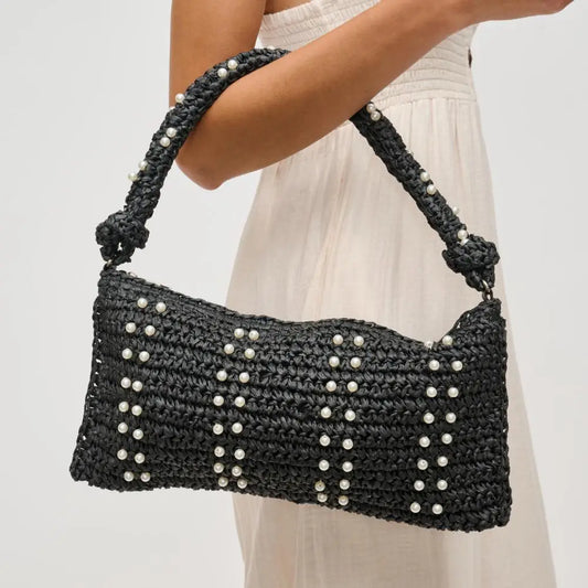 Black Straw Bag with Pearls