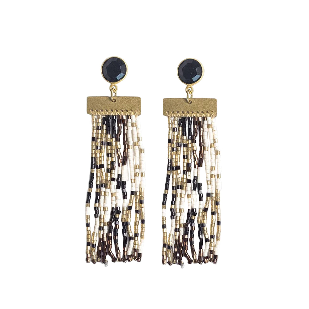 Black and White Beaded Fringe Earrings with Stone Post
