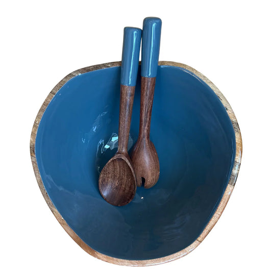 Large Mango Wood Bowl and Servers Set - Blue Gray