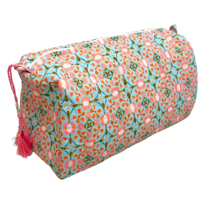 Light Blue and Pink Floral Cosmetic Bag