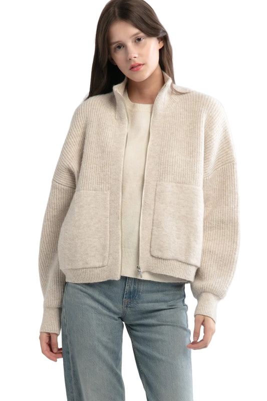 Bomber Zip-Up Cardigan- Beige