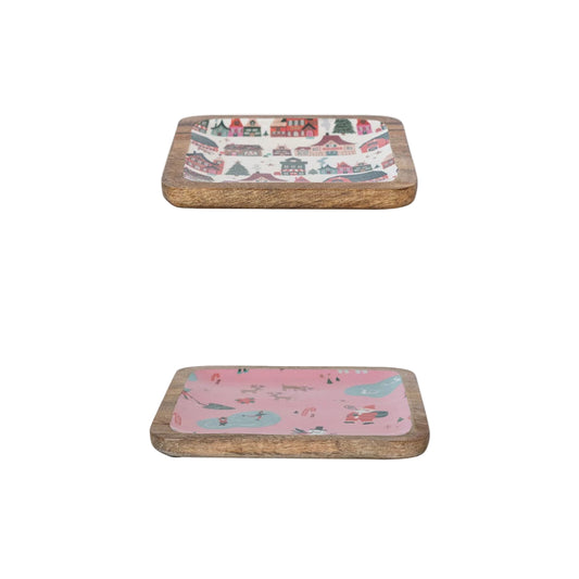 Mango Wood and Enamel Trays- Set of 2