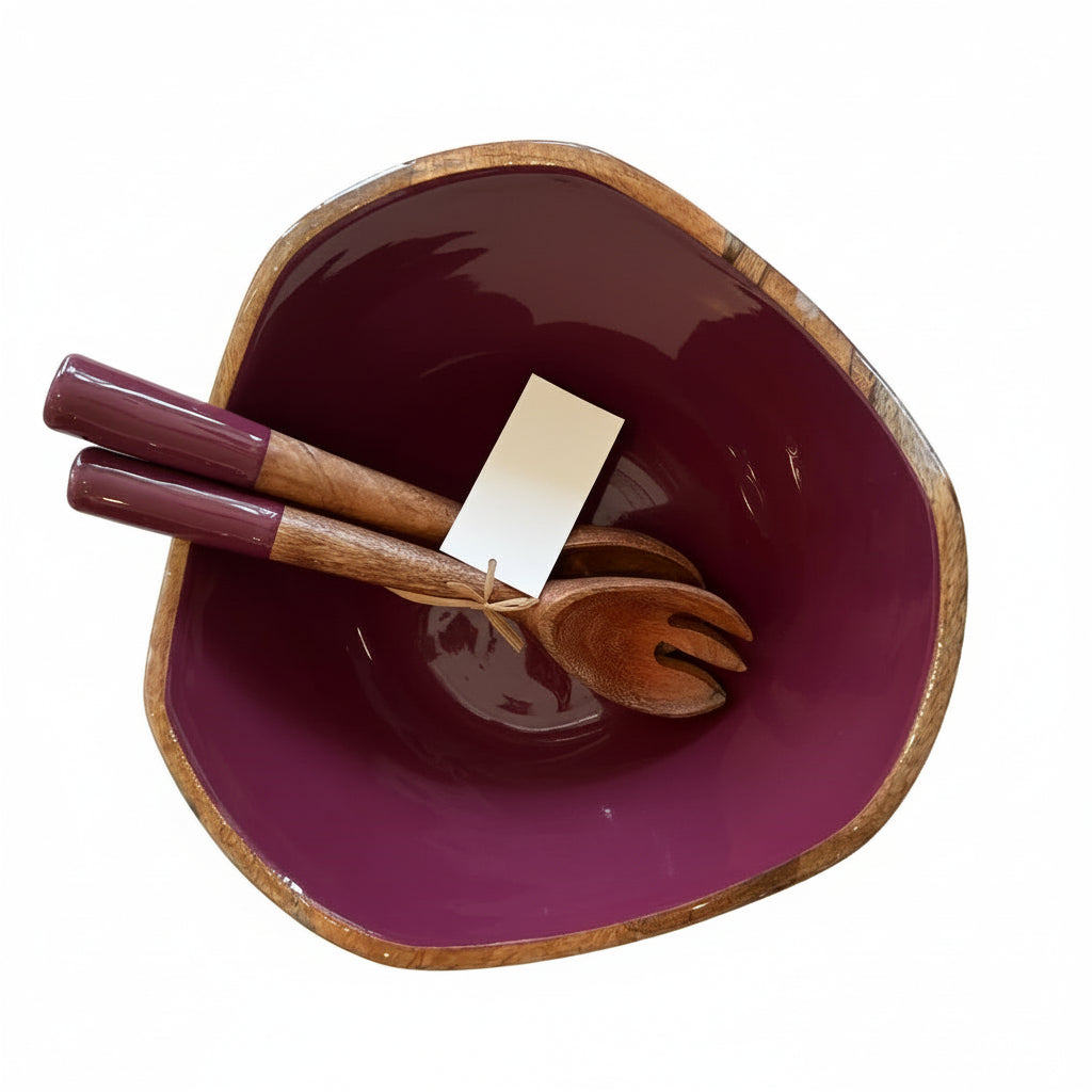 Large Mango Wood Bowl and Servers Set - Eggplant