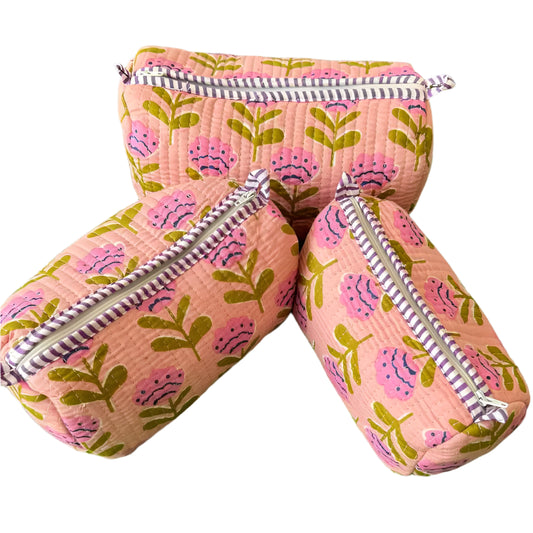 Light Pink and Green Floral Cosmetic Bag