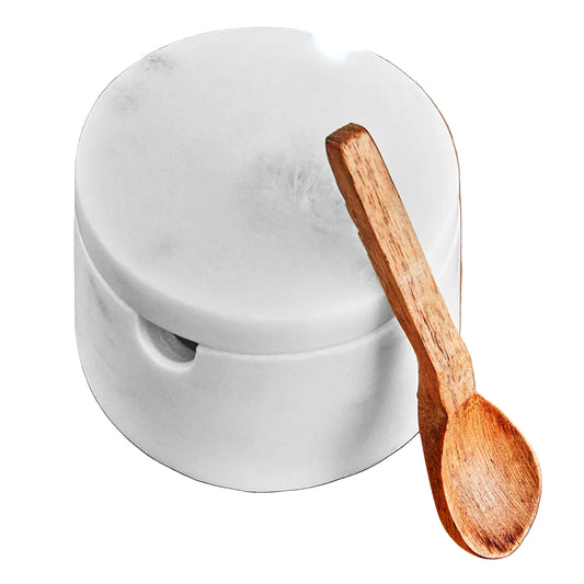 White Marble Lidded Cellar with Wood Spoon