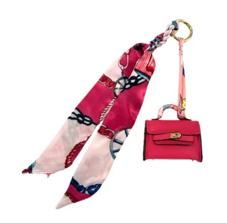 Mini Designer Bag Charm with Scarf- Pink