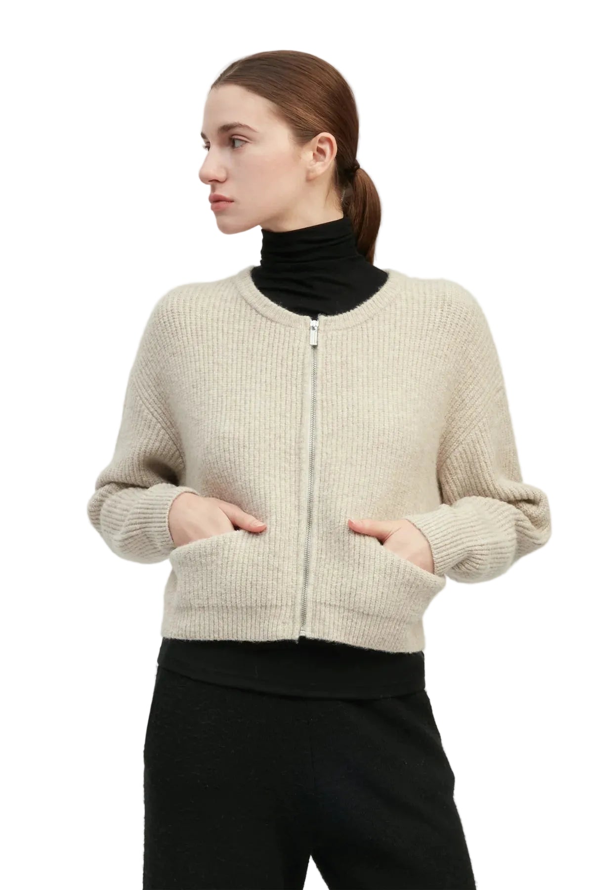 Knit Zip-Up Cardigan - Taupe