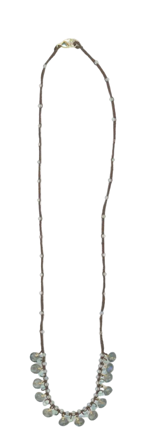 Necklace with Woven Silk Cord and Labradorite and Aquamarine