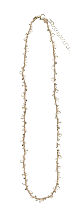 Necklace with Woven Silk Cord with Pearls and Pyrite