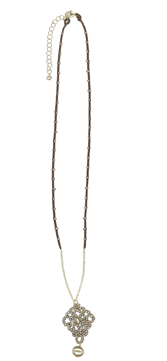 Necklace with Woven Brown Silk, Gold Cord with Pearls