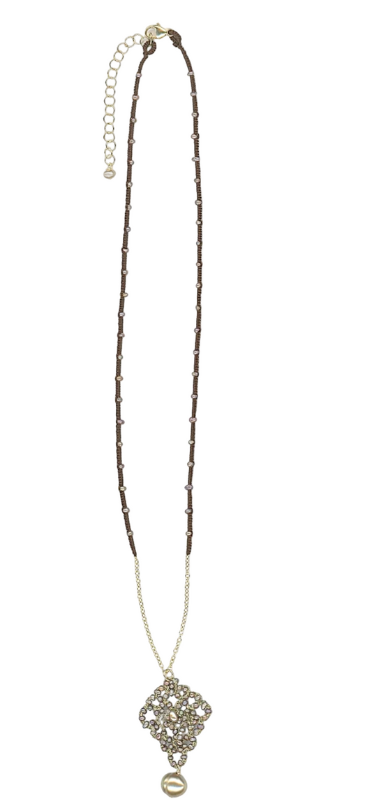 Necklace with Woven Brown Silk, Gold Cord with Pearls