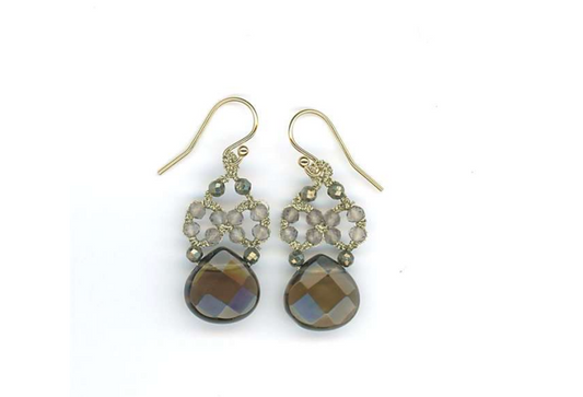 Earrings with Woven Gold Cord and Smokey Quartz