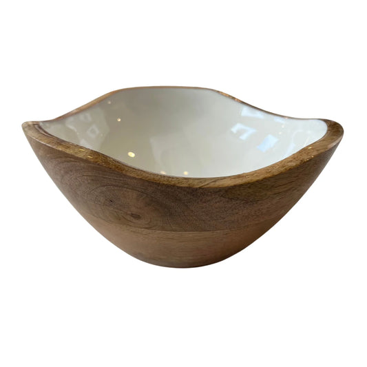 Small Mango Wood and Enamel Bowl-White