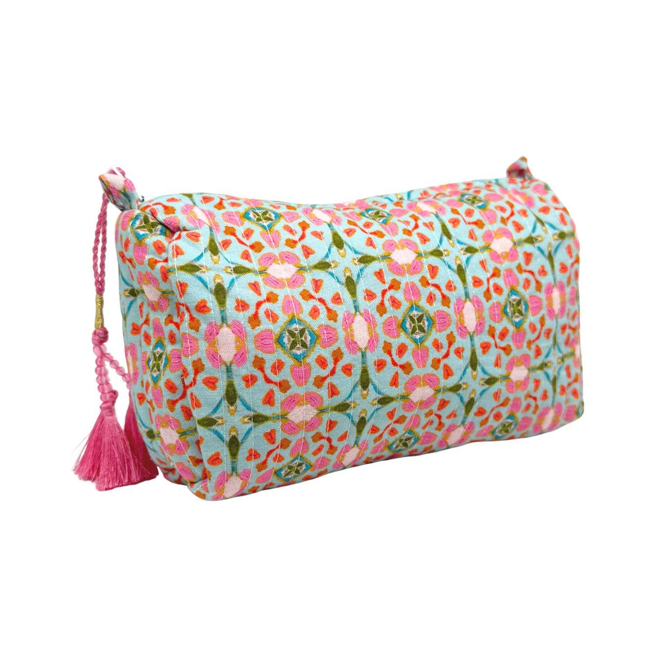 Pink and Light Blue Floral Cosmetic Bag - Small