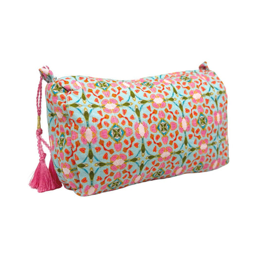Pink and Light Blue Floral Cosmetic Bag - Small