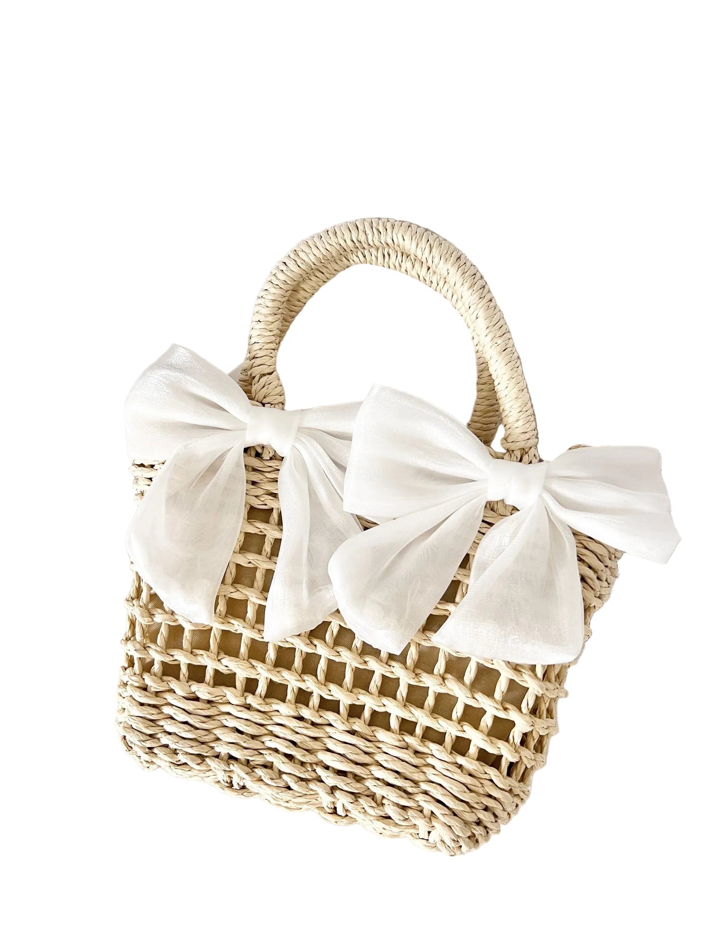 Children's Straw Bag with White Oversize Bows